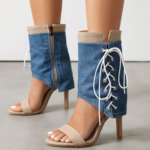 Women Side Lace up Summer Short Booties Single Band Zipper Ankle Boots Thin High Heels Sandals Big Size 48 Denim Overlay <b>Shoes</b> - Product Image 4