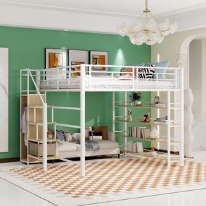 <span class=keywords><strong>Lit</strong></span> <span class=keywords><strong>mezzanine</strong></span> moderne DNF pour enfants 140x200cm, taille Twin XL, structure métallique, escalier de sécurité, tiroirs de rangement, placard, blanc - Product Image 2