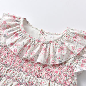 Combinaison d'été pour bébé fille, nouveau-né, en coton tricoté, smockée, broderie, sans manches, imprimé floral, couleur personnalisée, bouton - Product Image 3