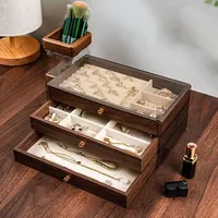 Boîte à bijoux rectangulaire en bois multicouche avec fenêtre transparente pour le rangement de colliers, bracelets et boucles d'oreilles