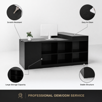 Bureau en L noir brillant avec peinture laquée, mobilier de réception, grands rangements, design moderne, personnalisable