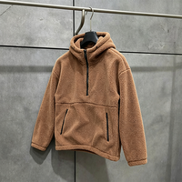 Sweat à capuche mi-zippé en polaire sherpa pour homme, coupe oversize, marron, chaud, style Teddy, décontracté, streetwear d'hiver avec poches zippées