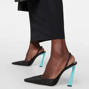 Salto alto fino feminino, sandália de cetim com cores misturadas, sapato sexy para mulheres, slip on