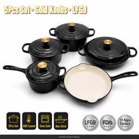 Ensemble de 5 ustensiles de cuisine en fonte émaillée noire EliteChef avec boutons dorés de luxe, faitout antiadhésif, vente en gros pour cuisines professionnelles