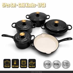 ชุดเครื่องครัวเหล็กหล่อเคลือบดำ EliteChef 5 ชิ้น พร้อมหูจับสีทองหรูหรา หม้อดัตช์เคลือบกันติด สำหรับครัวมืออาชีพ ขายส่ง - Product Image 1