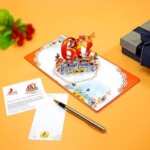 Carte de vœux 3D pour couple, design fleurs et oiseaux, pour la 60e anniversaire, célébration de l'anniversaire du diamant - Product Image 5