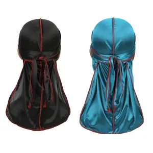 Silky Men's Durag Hip-Hop Bandanna Cap Rapper Unisex Solid contrast color suture silky Women Durag Long Tail Pirate Hat