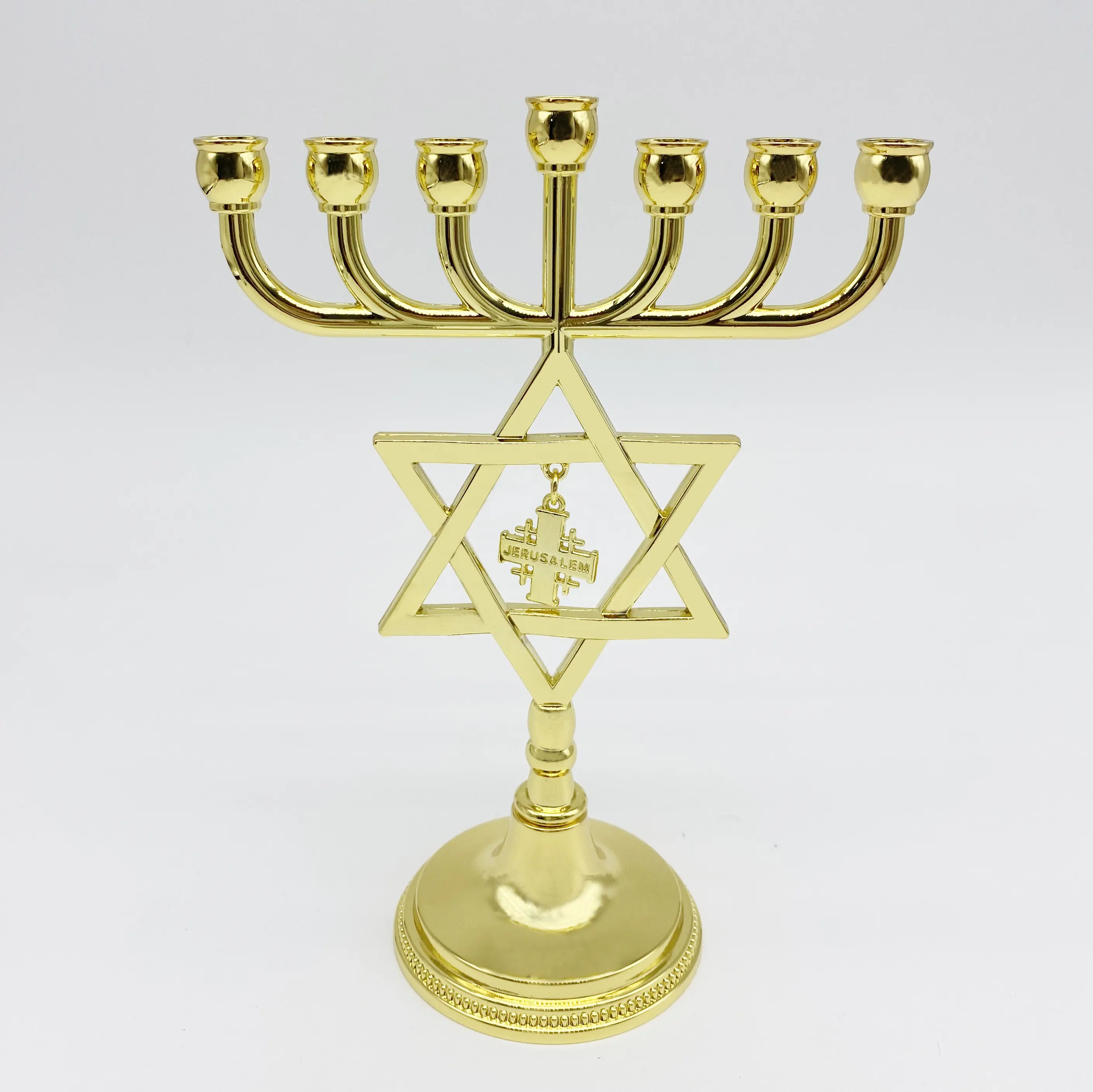 Gold Judaica Star Of David Menorah With Jerusalem Cross Charm