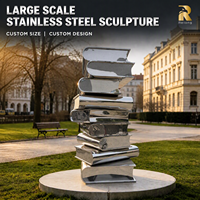 Sculpture de livre en acier inoxydable de grande taille RELONG, statue d'art culturel pour parc extérieur, sculpture en métal poli miroir sur mesure