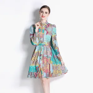 LE1195 2023 Spring Temperament Skirt Stitching Printed Casual Dress Long-Sleeved Slimming Retro Mid-Length Dress