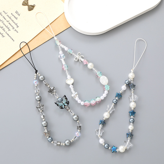 19cm Handmade Pearl Beads Phone Lanyard Y2K Bling Crystal Butterfly Wrist Strap Anti-Lost Keychain Kawaii Bag Chain with Charms