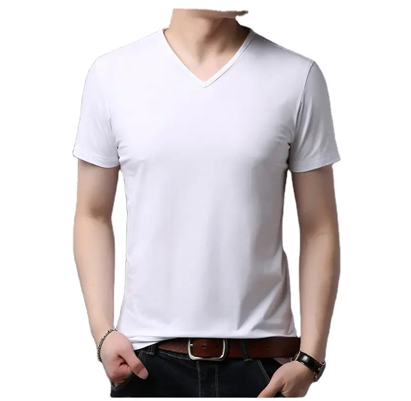 TS145 men's v neck 95% cotton 5% spandex slim fit plain t shirts