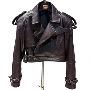 Blouson moto en cuir véritable pour femme avec épaulettes, col ouvert, manches longues, coupe courte, fermeture à ceinture, style automne, vente en gros - Product Image 1