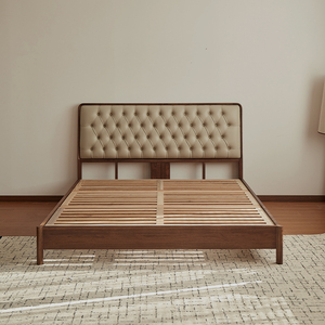 Fabrika Çıkışı İskandinav Japon Wabi Sabi Siyah Ceviz Ahşap Çift Kişilik Yatak Yumuşak Döşemeli King Boy Yatak Ana Yatak Odası İçin Özelleştirilebilir - Product Image 4