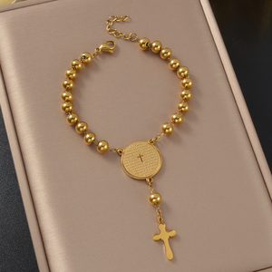 Western Geometric Gold Plated Smooth Ball Rosary Cross Prayer Scripture Coin Adjustable 316L Stainless Steel Women's <b>Bracelet</b> - Product Image 3