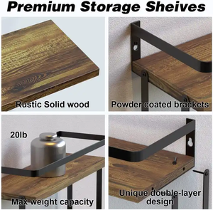 2 + 1 Tier Aan De Muur Gemonteerde Zwevende Planken Set 2 Rustieke Wandplank Metalen Frame Extra Opbergrek - Product Image 3