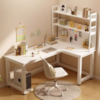 Bureau d'angle en forme de L avec étagère intégrée, structure métallique, surface en bois durable pour la maison, la chambre, le poste de travail informatique
