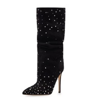 Stivali al ginocchio da cowboy western in pelle scamosciata borchiata con tacco alto e punta affusolata, alla moda per autunno/inverno