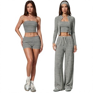 4 Piece Ribbed Yoga Set <b>Women</b> Tube Crop Top Cardigan Wide Leg <b>Pants</b> <b>Lounge</b> Outfit - Product Image 4