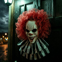 Masque de Clown Effrayant à Suspendre au Mur avec Col en Tulle Rouge, Volants Noirs et Blancs, Accessoire d'Horreur pour Halloween, Décoration de Maison Hantée