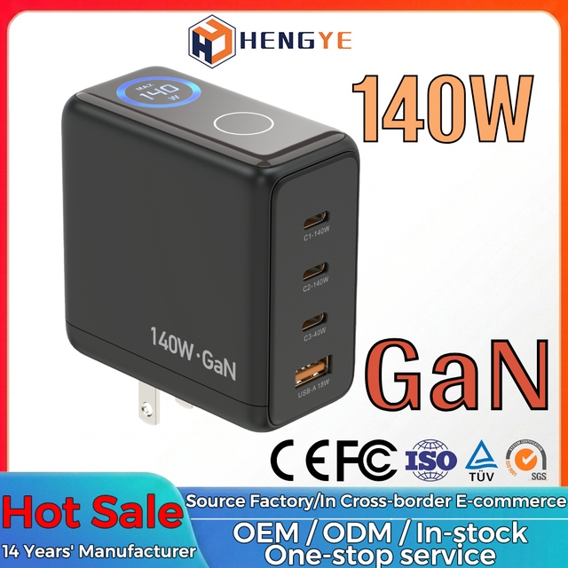 OEM Factory Wholesale 140W GaN PD US Plug 4-Port USB-A USB-C LED Digital Display Universal Phone Fast Charging Wall Charger
