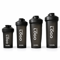 Bouteille shaker de sport en plastique PP sans BPA, avec impression de logo personnalisé, 400 ml, 600 ml, 800 ml, 1000 ml, noire, avec boule mélangeuse