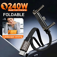 Kabel Pengisian Cepat 2-in-1 Tak Terlihat 240W Tipe-C Kabel Pengisian Cepat Berjalin dengan Penyangga Ponsel Terintegrasi