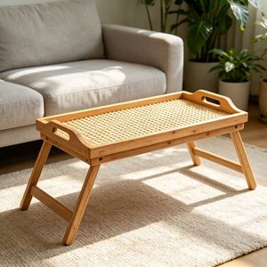 Foldable Rattan Tray <b>Bamboo</b> Natural Wood Minimalist Modern Style Bed <b>Table</b> Serving Tray For Residential Use - Product Image 2