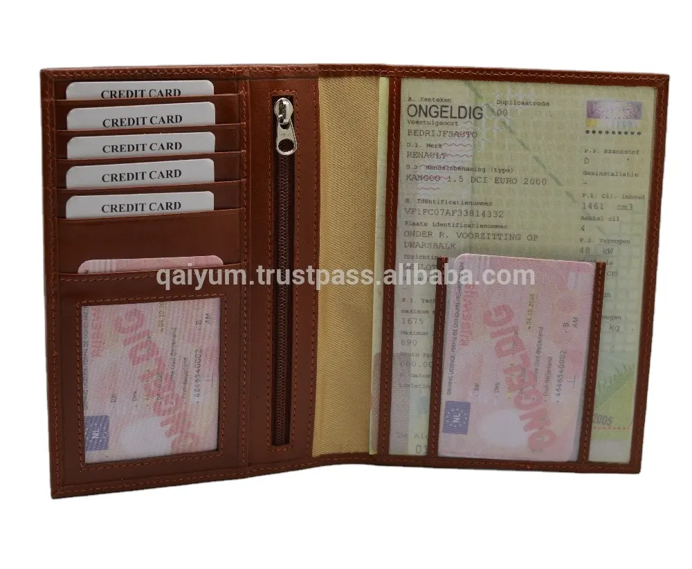 Funda de pasaporte de cuero genuino con bloqueo RFID, billetera plegable de cuero genuino con logotipo personalizado