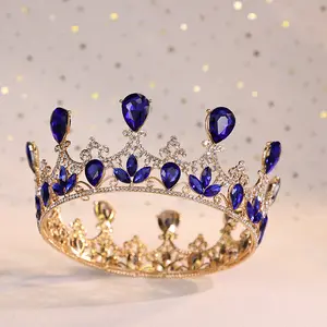 Accesorios para el cabello para novia, corona redonda completa de cristal, tiara de miss world, corona de piedra azul