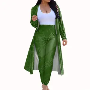 新款图案女长袖外套打底裤紧身裤平底裤平底锅绿色水花印花加码开衫两件套套装