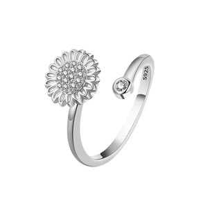 Anillos abiertos giratorios de girasol de moda, con microincrustaciones de circonita, chapados en oro blanco sobre cobre, joyería sencilla para niñas. - Product Image 5