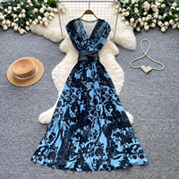 Robes d'été sans manches à col en V à imprimé floral pour femmes, robes maxi élégantes cintrées à la taille