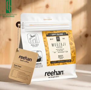 Sacs d'emballage pour grains de café en plastique à fond plat de 250 g, avec impression de marque personnalisée, avec cordon et valve - Product Image 1