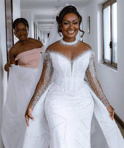 Robes de mariée africaines grande taille sexy en dentelle à col halter avec perles, sequins, cristaux, appliques florales et drapés – Prix usine - Product Image 2
