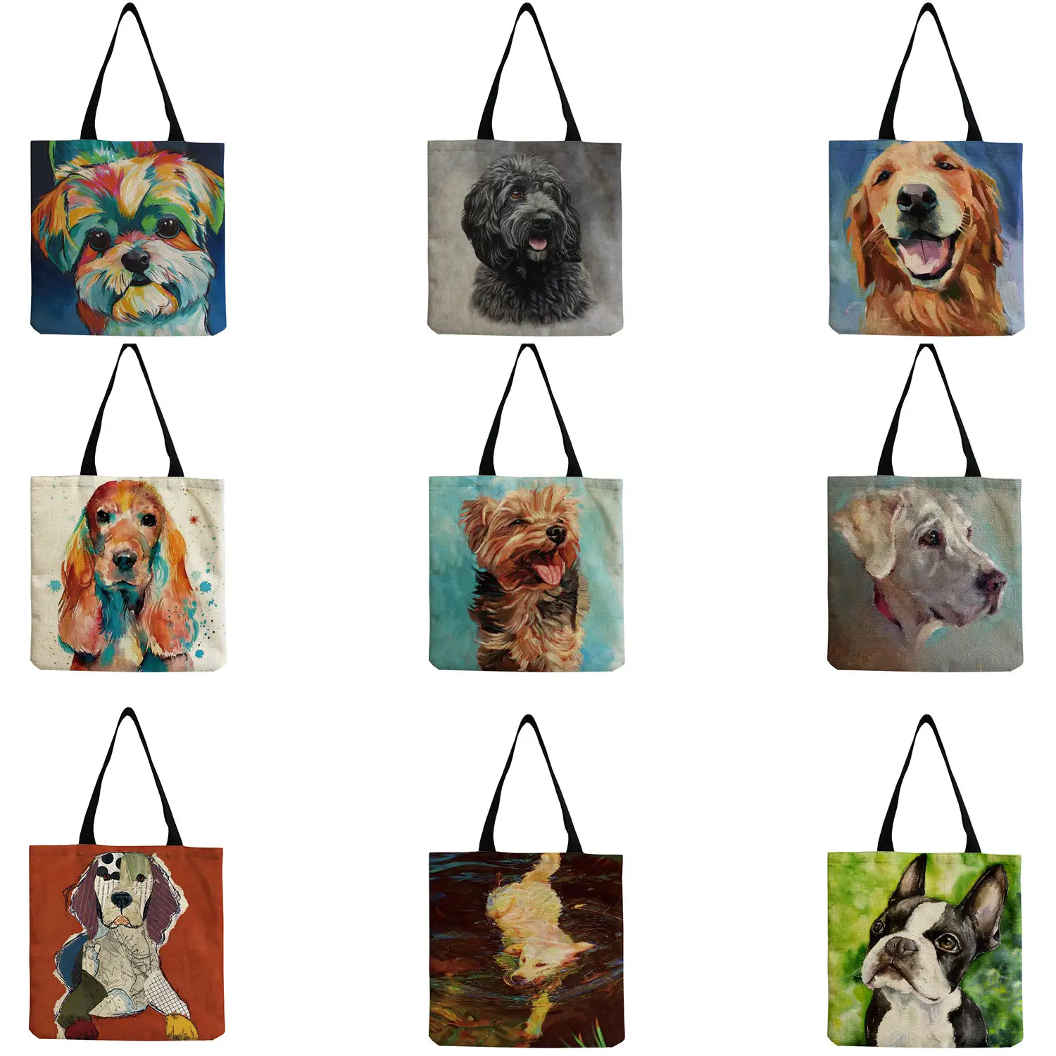 Exklusive Ölgemälde Hund Einkaufstaschen für Lebensmittel Papillon Mops Retriever Print Frauen Handtasche Schulter Große Kapazität Günstig