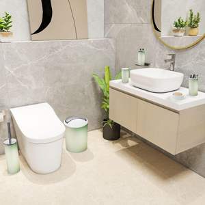 Juego de accesorios de baño de 6 piezas, verde salvia con flores y ramas, patrón sin costuras, acabado de superficie cepillada con estampado completo - Product Image 2