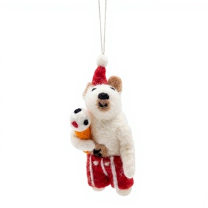 Traditional Eco-Friendly Handmade Needle <b>Felted</b> 100% Wool <b>Christmas</b> Bear Holding Snowman Santa Hat Hanging <b>Ornament</b> Small - Product Image 2