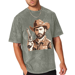 T-shirt en coton délavé à l'acide pour homme, coupe ample, style vintage et usé, avec motif de pistolet de cowboy de l'Ouest <span class=keywords><strong>ancien</strong></span>, vente en gros, stock USA - Product Image 4