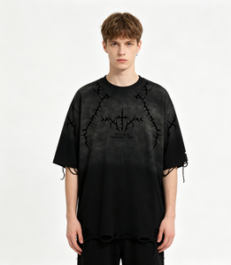 <span class=keywords><strong>เสื้อ</strong></span>ยืดพิมพ์ลายกากบาทไล่เฉดสีสไตล์วินเทจ ลุคขาดๆ แบบโอเวอร์ไซส์ แขนสั้น สไตล์โกธิค พังก์ สตรีทแวร์ <span class=keywords><strong>เสื้อ</strong></span>ลำลองผู้ชาย - Product Image 5