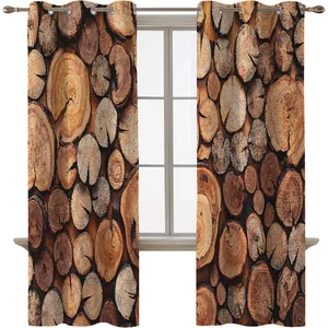 Venta al por mayor foto abstracta de una pila de troncos de madera natural pared 3D impreso cortinas de cocina conjunto de ventanas cortas