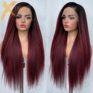<span class=keywords><strong>Parrucca</strong></span> Sintetica Glueless 13x6 con Frontale in Pizzo, Lunga, Liscia Effetto Yaki, Marrone Cioccolato, <span class=keywords><strong>Afro</strong></span> Kinky Liscia per Donne Nere - Product Image 3