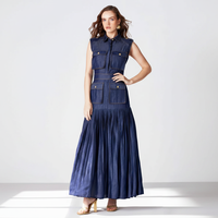 A12084 Nouveauté printemps : Robe maxi en jean sans manches pour femme avec volants, un design unique et élégant