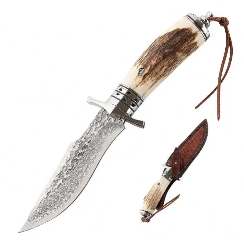 High Quality Forged 101 Layers Damascus Steel Fixed Blade Bone Hunting Knife With Horn Handle For Camping Tools