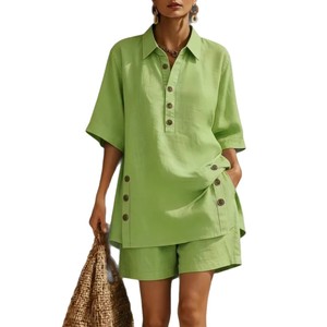 Ensemble deux pièces pour femmes, chemise à manches courtes et pantalon ample, couleur unie bleue, costume décontracté, Smlxl2xl, Europe et Amérique - Product Image 4
