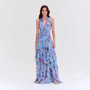 Vestido de Noche Largo con Estampado Floral para Mujer, Estilo Europeo Americano, Cuello Halter, Cintura Imperio, Plisado y Transpirable - Product Image 4