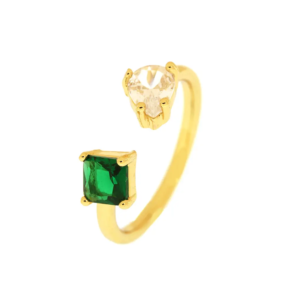 Elegante Simple chapado en oro joyería gota de agua cristal anillo abierto Multicolor cuadrado forma de pera circón dos anillos de piedra para mujer