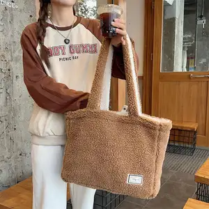 Custom Fashion 2 Side Available Women Shoulder Shopper Plush Bag Fluffy Cashmere Fleece Tote Bag For Girls Bookbag