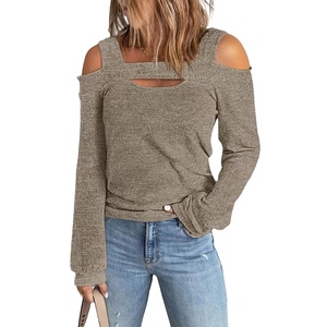 Novedades de Primavera y Otoño, Blusa Informal de Moda para Mujer, con <span class=keywords><strong>Hombros</strong></span> Descubiertos, Holgada, de <span class=keywords><strong>Manga</strong></span> <span class=keywords><strong>Larga</strong></span>, <span class=keywords><strong>Camiseta</strong></span> para Mujer - Product Image 1