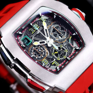 Men's Mechanical Wristwatch with Top-Quality Luxury <b>Red</b> Rubber Strap, Carbon Fiber Case, Flyback Chronograph and Luminous Hands. - Product Image 2